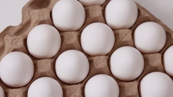 White Chicken Eggs Cardboard Box Fresh Raw Eggs Paper Egg — Stockvideo