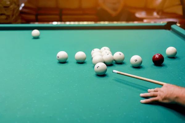 Playing Billiards Close Mans Hand Cue Hitting White Ball Balls — Stock Photo, Image