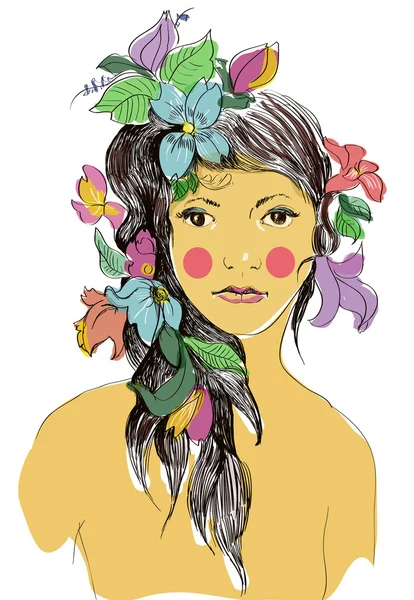 Chica bronceada con flores en el pelo — Vector de stock