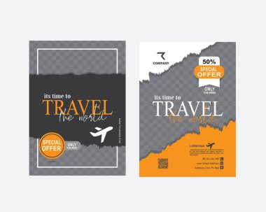 poster broşürü, foto vektör illüstrasyon kapak tasarımı için broşür tasarımı alanı. A4 boyutlu seyahat broşürü, taşınabilir tasarım şablonu  