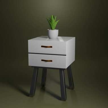 Yeşil Duvarın Üzerinde Kabineyle Oturma Odası Tasarımı. Ev Dekorasyonu Arkaplanı Şubesi olan vazo, Çiçek Saksısı 3B Resim