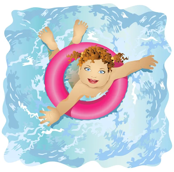 Criança feliz e sorridente flutua na água —  Vetores de Stock