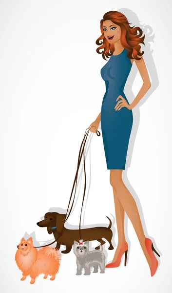 Kızıl saçlı güzel kız köpek yürüyüş.