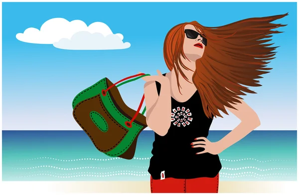 Beautiful girl with developing the hair on the shore of the ocea — Stock Vector