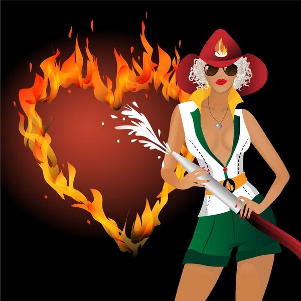Menina no fogo uniforme extingue o coração ardente —  Vetores de Stock
