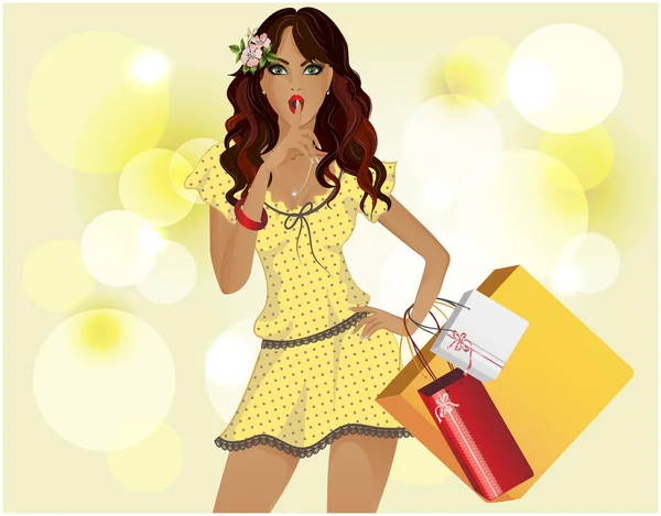 Girl with yellow dress shopping. The background is yellow. — Stock Vector