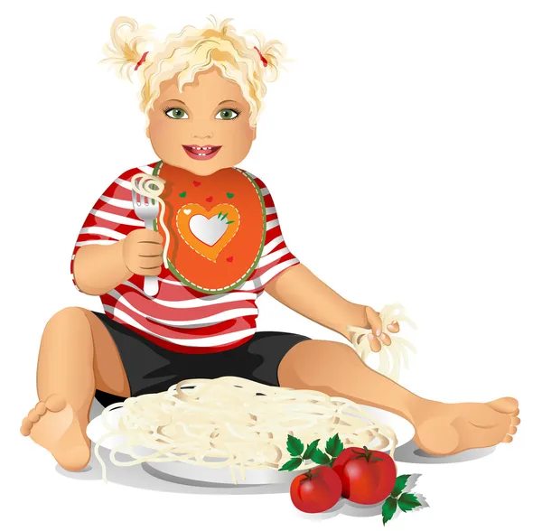 Niño feliz come pasta, espaguetis . — Archivo Imágenes Vectoriales