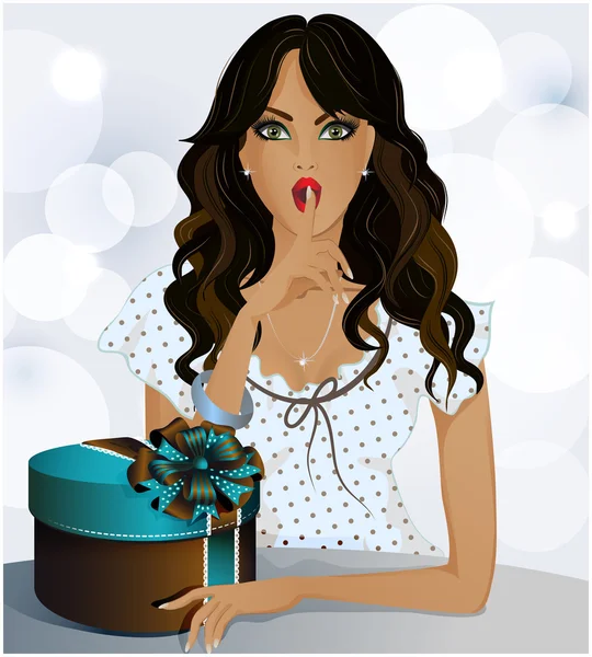 A beautiful girl with a gift in a box, blue background — Stock Vector