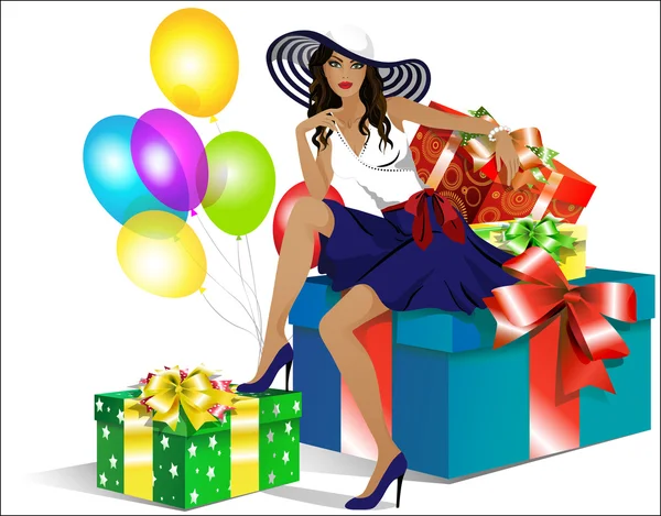 Beautiful girl in the hat sitting on the gift boxes — Stock Vector