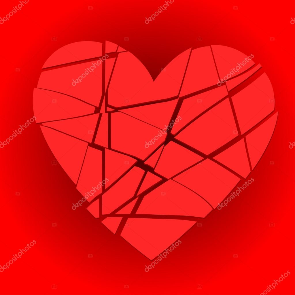 Broken red heart on a red background