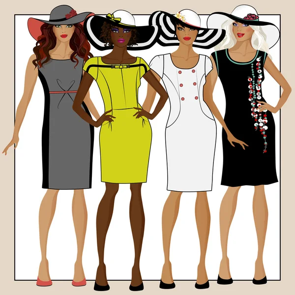 Chicas en vestidos y sombreros — Vector de stock