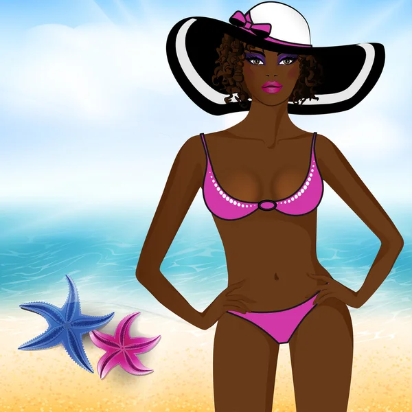 Chica en traje de baño en la playa3 — Vector de stock
