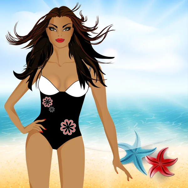 Chica en traje de baño en la playa6 — Vector de stock