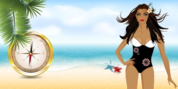 Girl on the beach with compass — Stock Vector