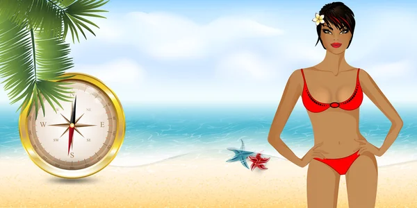 Girl on the beach with compass3 — Stock Vector