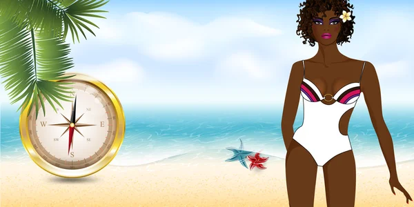 Chica en la playa con brújula — Vector de stock