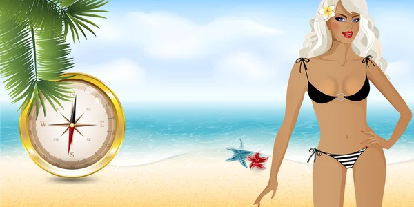 Girl on the beach with compass5 — Stock Vector