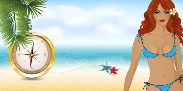 Chica en la playa con brújula — Vector de stock
