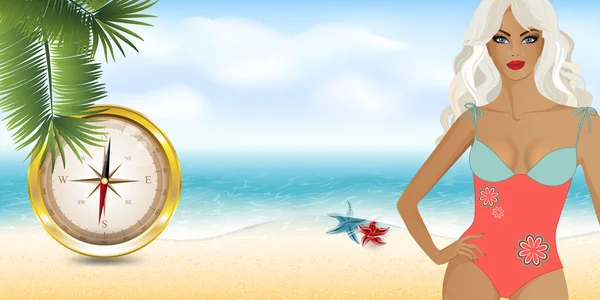 Girl on the beach with compass8 — Stock Vector