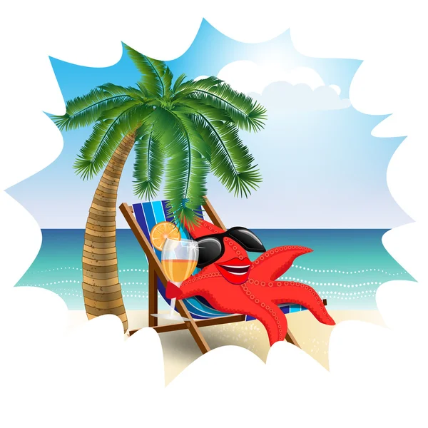 Funny starfish in a lounge chair on the beach2 — Stock Vector