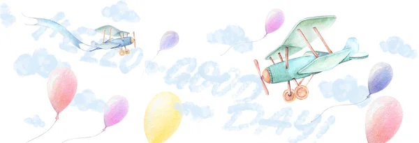 Hello Baby Good Day Banner Airplanes Colorful Balloons Fly Sky — Foto de Stock