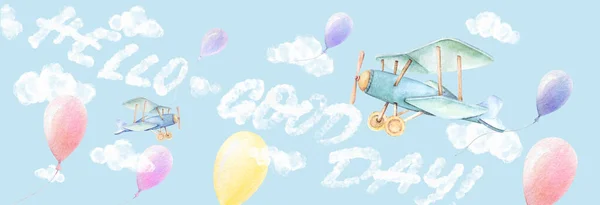 Hello Baby Good Day Banner Airplanes Colorful Balloons Fly Sky —  Fotos de Stock