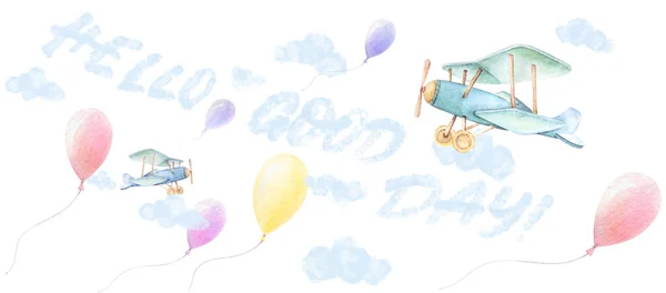 Hallo Schatje Goedendag Banner Kwekerij Muurkunst Vliegtuigen Ballonnen Vliegen Lucht — Stockfoto