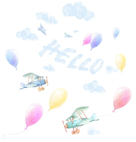 Watercolor Baby Clipart Baby Shower Twins Boy Girl Hello Adventures — Foto de Stock