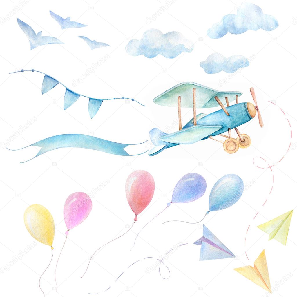 Watercolor baby clipart. Baby Shower Boy set. Airplane fly with ribbon.  Blue clouds, birds, balloons fy in sky. Print quality. White background