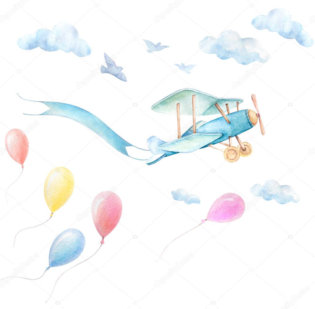 Watercolor baby clipart. Baby Shower Boy. Airplane fly with ribbon.  Blue clouds, birds, balloons fy in sky. Baby shower poster background. Print quality. Pre-made composition