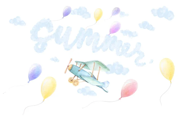 Summer adventures. Nursery wall art. Arplane, balloons fly in sky. Big nursery print. Baby shower boy. Watercolor. Isolated pre-made composition. Big size. Print quality