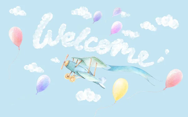 Welcome Nursery Wall Art Baby Shower Boy Airplane Wit Ribbon —  Fotos de Stock