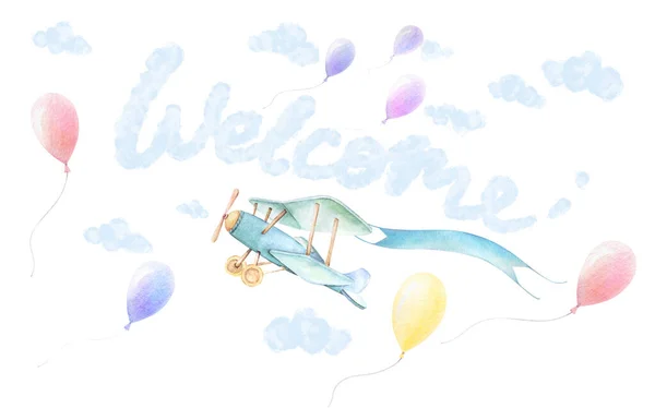 Welcome Nursery wall art. Airplane with ribbon, balloons fly in sky. Blue clouds white background. Baby shower boy. Watercolor. Isolated pre-made composition. Big size. Print quality