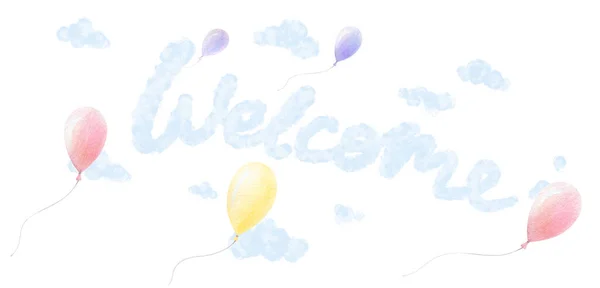 Welcome Nursery Wall Art Balloons Fly Sky Bluee Clouds White — Foto de Stock