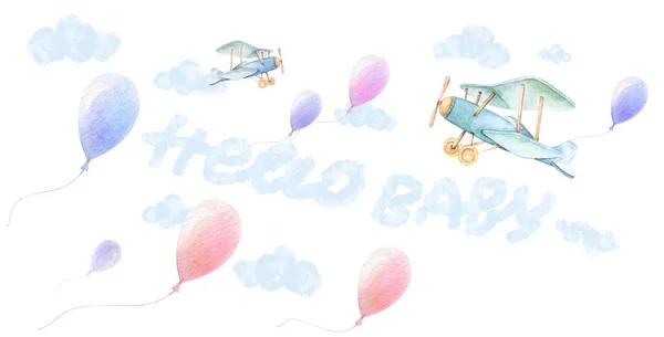 Hello baby. Nursery wall art. Airplanes, colorful balloons fly in sky. Blue clouds. White background. Baby shower boy. Watercolor. Pre-made composition. Big size. Print quality