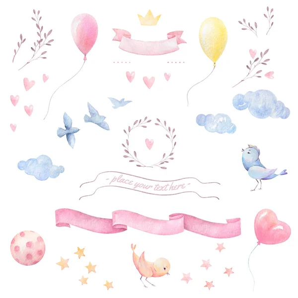 Baby shower girl watercolor clipart. Birds, hearts, branches, ribbons, stars, balloons, clouds. Set for baby cards. White background