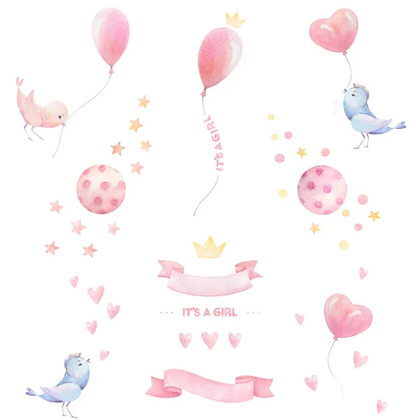 Baby shower girl watercolor clipart. Birds, balloons, hearts, ribbon, stars. Set for baby cards. White background