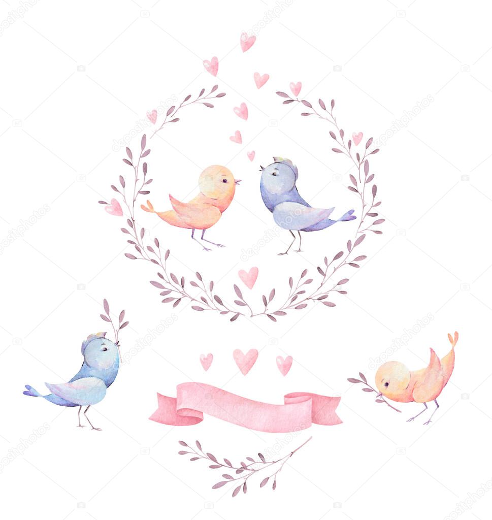 Baby shower girl watercolor clipart. Birds, hearts, branches, ribbon. Set for baby cards. Pre-made compositions. White background