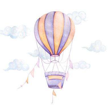 Air Balloon flying with ribbons in clouds. Violet and yellow. Watercolor. Kids prints.