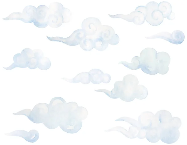 Light Blue Clouds Watercolor Set Isolated Elements White Background — Fotografia de Stock