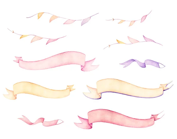 Ribbons set. Light pink, yellow, violet colors. Watercolor. Isolated elements. White background
