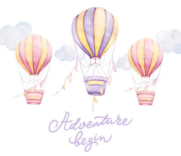 Adventure Begin Colorful Air Balloons Flying Sky Clouds Ribbons Lettering — Stockfoto