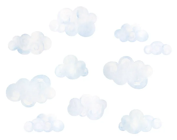 Nubes Azules Claras Listos Acuarela Elementos Aislados Fondo Blanco — Foto de Stock