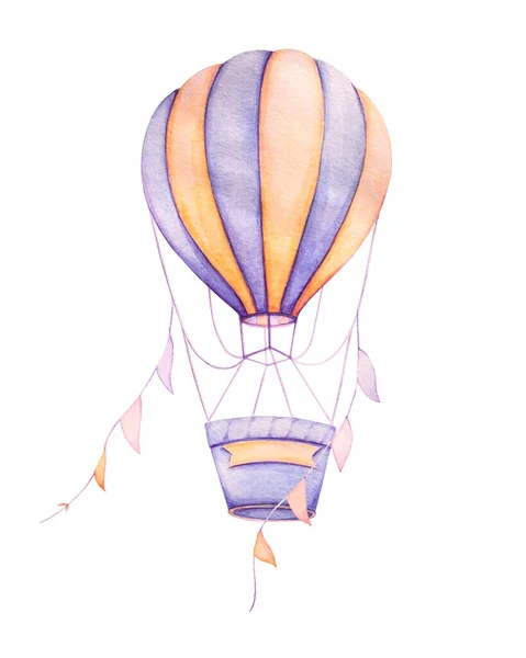 Air Balloon with colorful ribbons. Violet and yellow colors. Watercolor. Kids prints. Nursery wall art