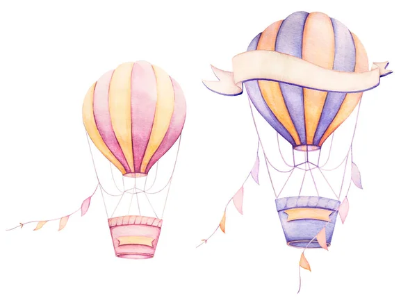 Colorful Air Balloon Flying Ribbons Light Pink Yellow Watercolor Baby — Stockfoto