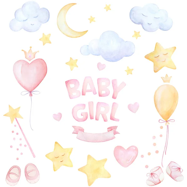 Baby Shower Mädchen Aquarell Set Vorhanden Babycliparts Wolken Mond Sterne — Stockfoto