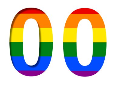 Sıfır numara, LGBT bayrağının arka planında 0, hacimli ve düz. Klasik LGBT gökkuşağı sembolü, dekoratif alfabe veya renkli yazı tipi.