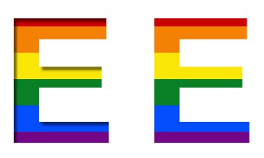 LGBT bayrağının arka planında E harfi, hacimsel ve düz. Klasik LGBT topluluk gökkuşağı sembolü, dekoratif alfabe veya renkli yazı tipi.