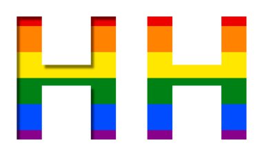 LGBT bayrağının arka planında H harfi, hacimsel ve düz. Klasik LGBT topluluk gökkuşağı sembolü, dekoratif alfabe veya renkli yazı tipi.
