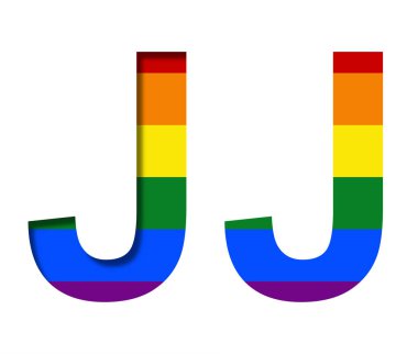 LGBT bayrağının arka planında J harfi, hacimsel ve düz. Klasik LGBT topluluk gökkuşağı sembolü, dekoratif alfabe veya renkli yazı tipi.